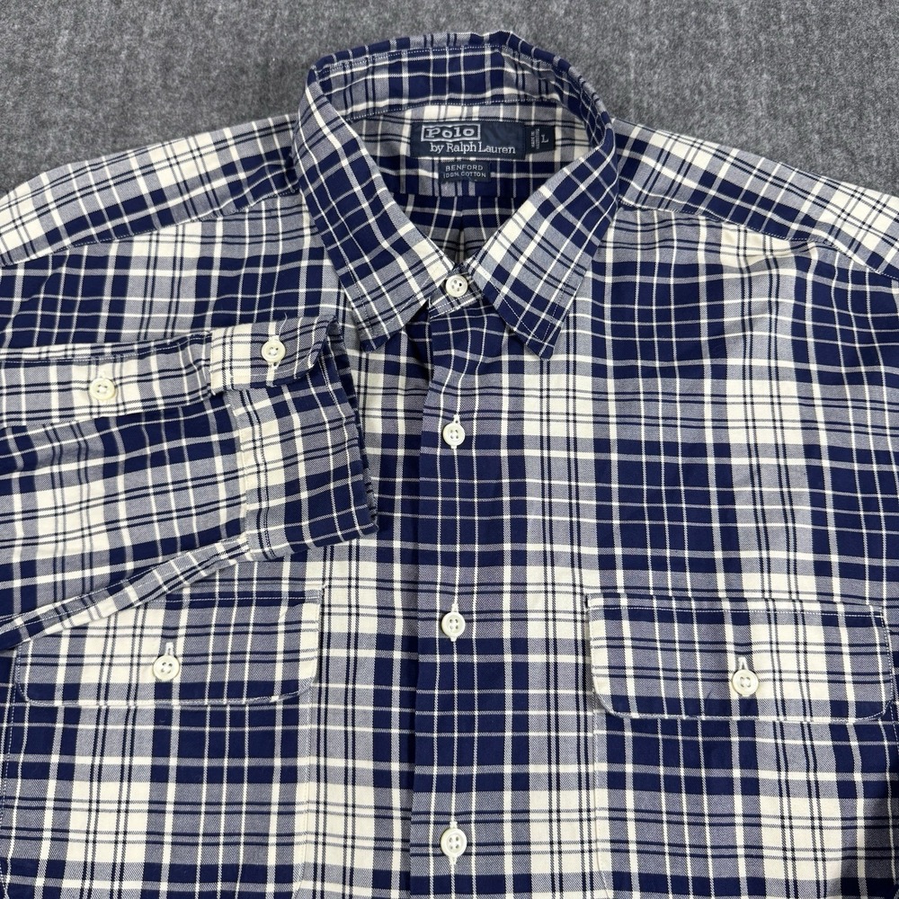 Polo Ralph Lauren Men's L Benford Plaid Shirt Blue White 100% Cotton Long Sleeve